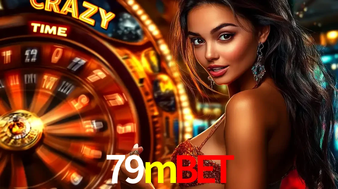 Mulher ao lado da roda de prêmios do jogo de cassino ao vivo Crazy Time, um dos shows de jogos mais emocionantes oferecidos pela plataforma de apostas 79mbet.