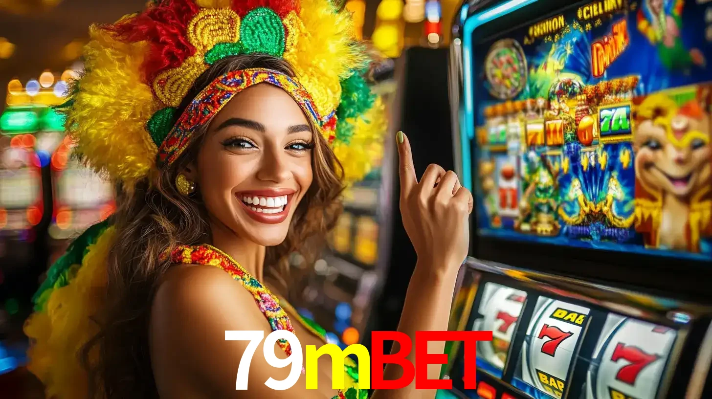 Mulher animada com um cocar de carnaval apontando para uma máquina de caça-níqueis, mostrando a emoção de ganhar um grande prêmio nos jogos do 79mbet.