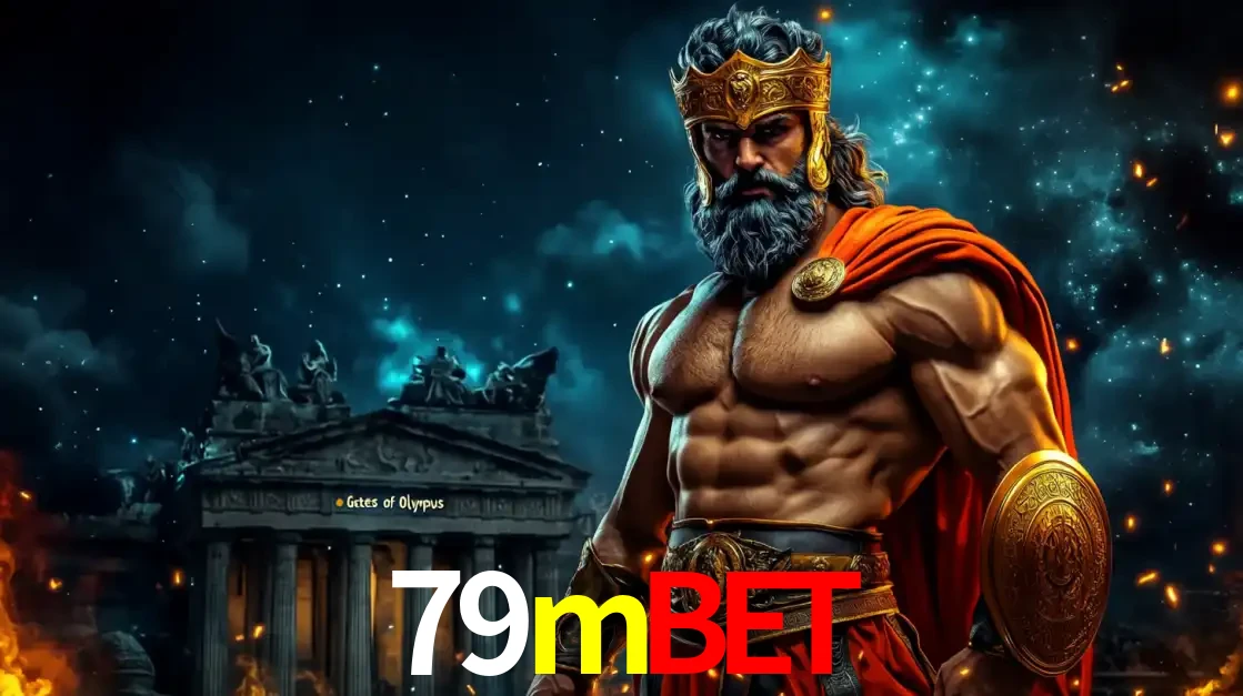 O poderoso Zeus do jogo de slot Gates of Olympus em frente ao seu templo, pronto para lançar multiplicadores divinos e prêmios épicos no cassino online 79mbet.