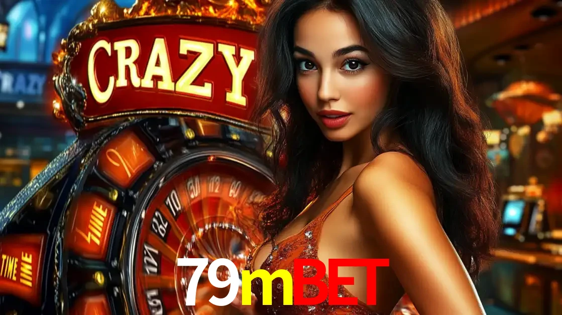 Mulher glamourosa olhando para a câmera com a roda vermelha do Crazy Time ao fundo em um ambiente de cassino, destacando a emoção dos jogos ao vivo no 79mbet.