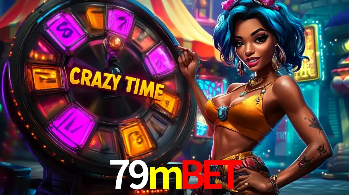 Mulher estilizada com cabelo azul e visual vibrante posando ao lado da roda de prêmios do game show Crazy Time, convidando para a diversão e os bônus do cassino 79mbet.