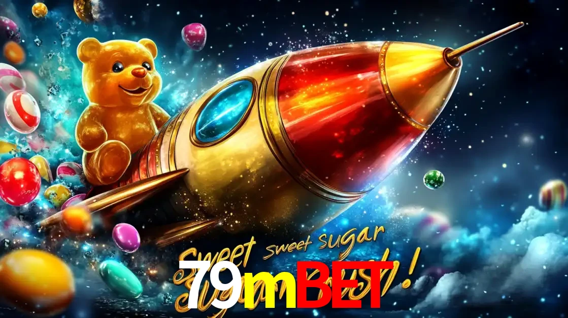 Arte promocional do jogo de slot Sugar Rush, com um urso de pelúcia em um foguete viajando pelo espaço de doces, um dos jogos divertidos disponíveis no cassino 79mbet.