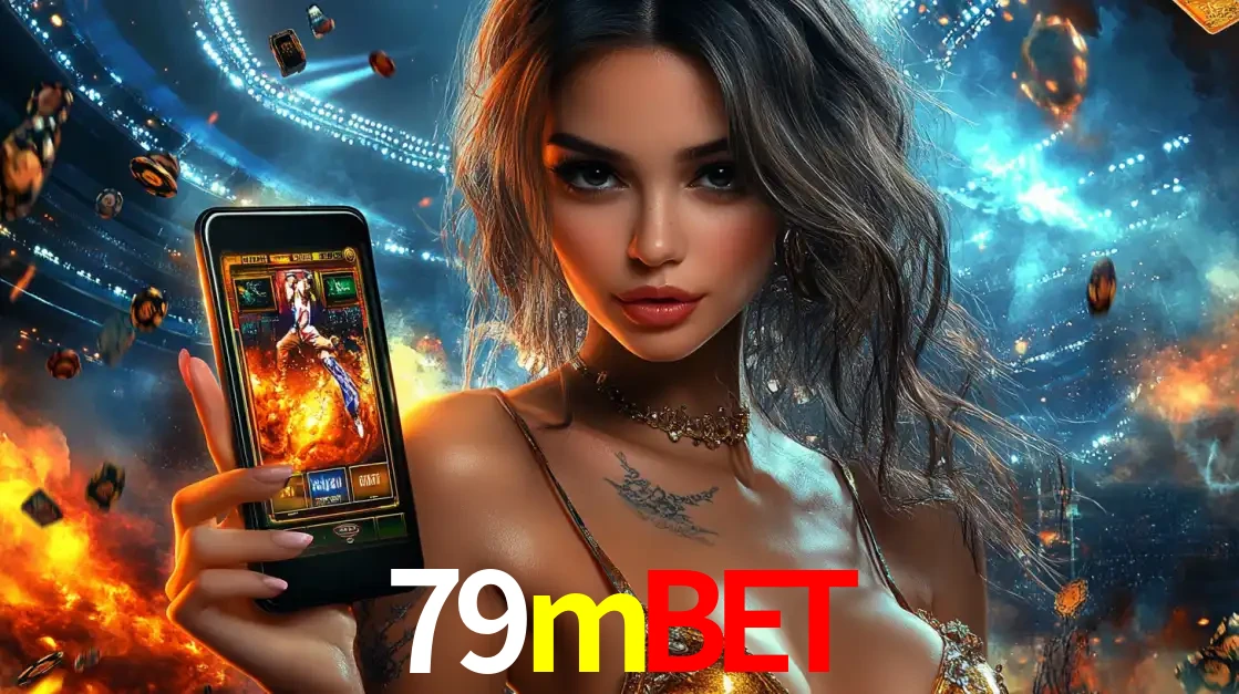 Mulher segurando um celular com um jogo de slot em destaque, tendo como fundo um estádio vibrante, simbolizando a emoção de jogar no cassino móvel 79mbet.