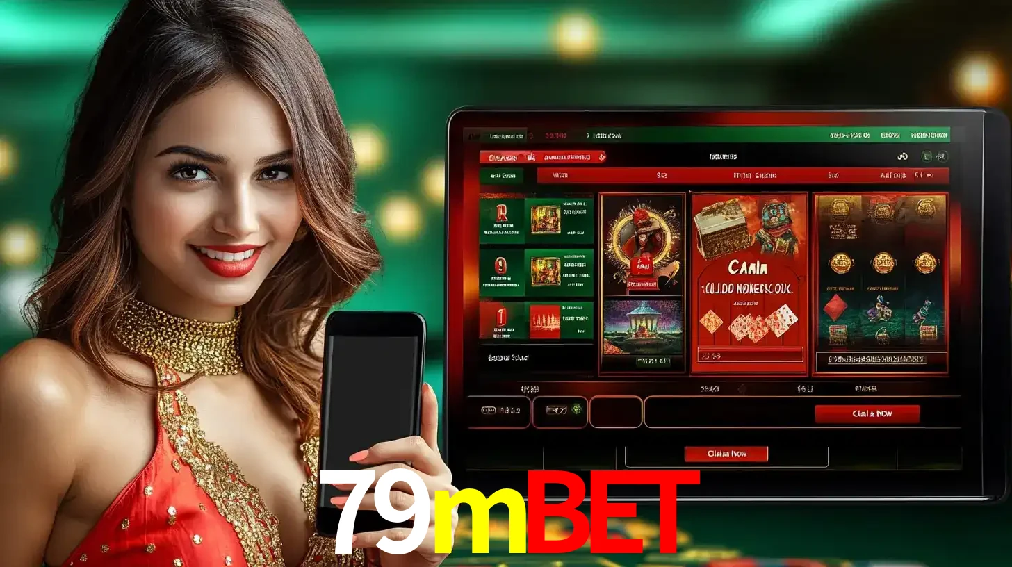 Mulher sorridente segurando um smartphone, ao lado de uma tela exibindo o lobby de jogos do cassino online 79mbet, com várias opções de jogos de cartas e slots.